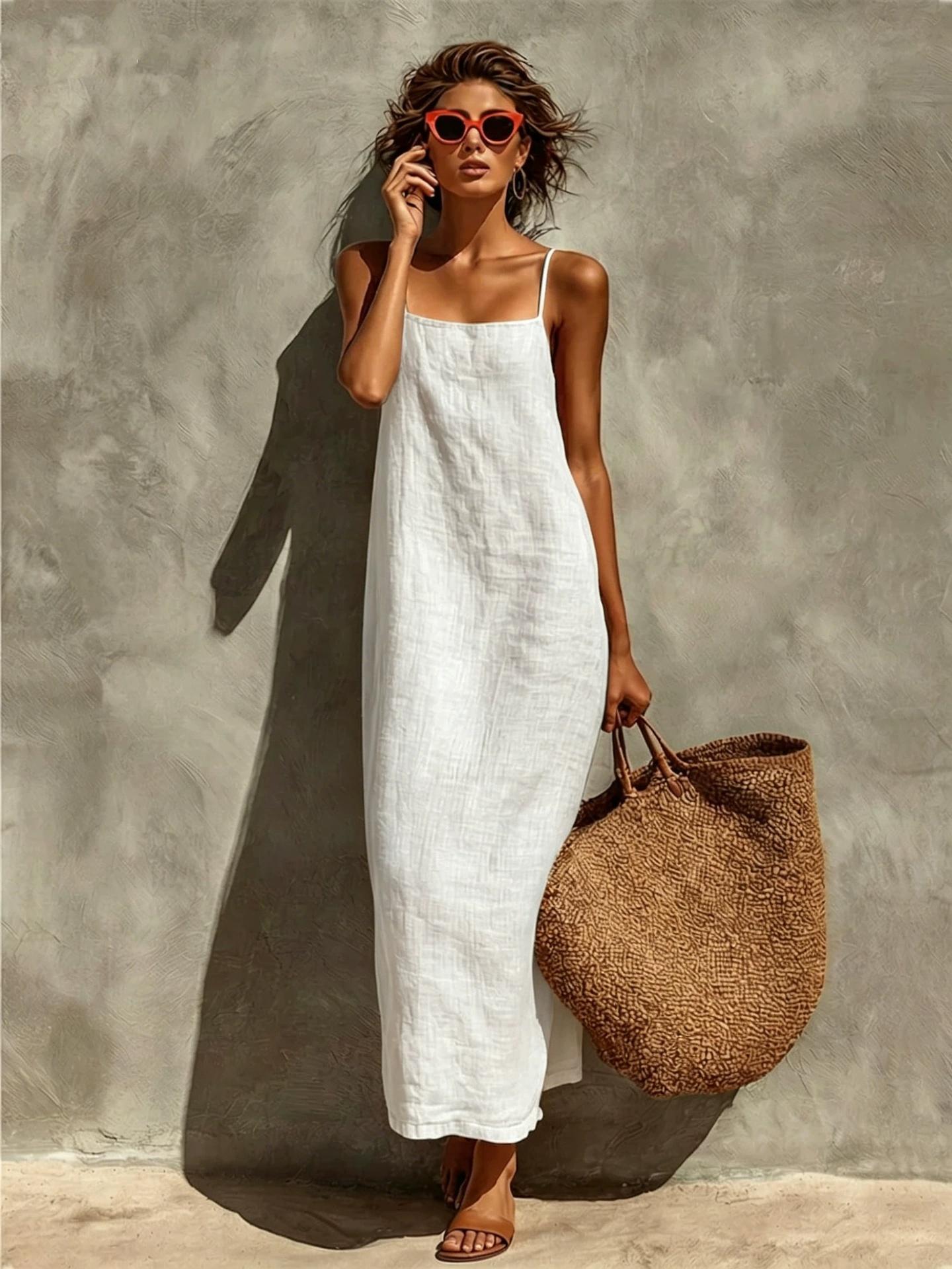 Spaghetti Strap Dress Women's Summer New Solid Color Casual Loose & Comfortable Long Dresses