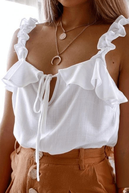 Women's Ruffle Strap Tie Front Cami Top V Neck Sleeveless Blouse