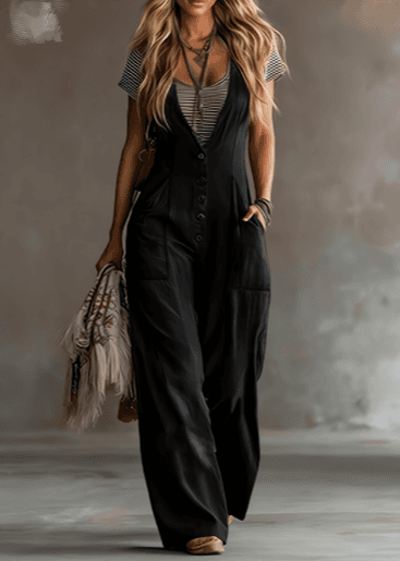 Vintage Single-breasted Strap Wide-leg Jumpsuit