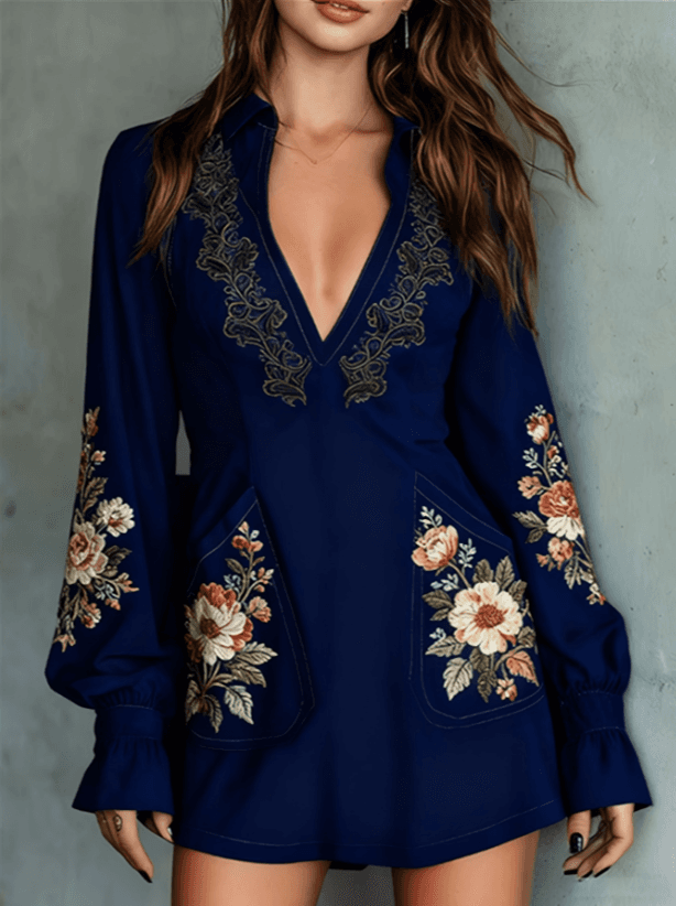 Deep V-neck Casual Collared Long-sleeved Slim-fit Short Skirt