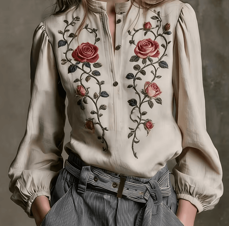 Off-white Stand-collar Rose Embroidery Puffed-sleeve Vintage Shirt