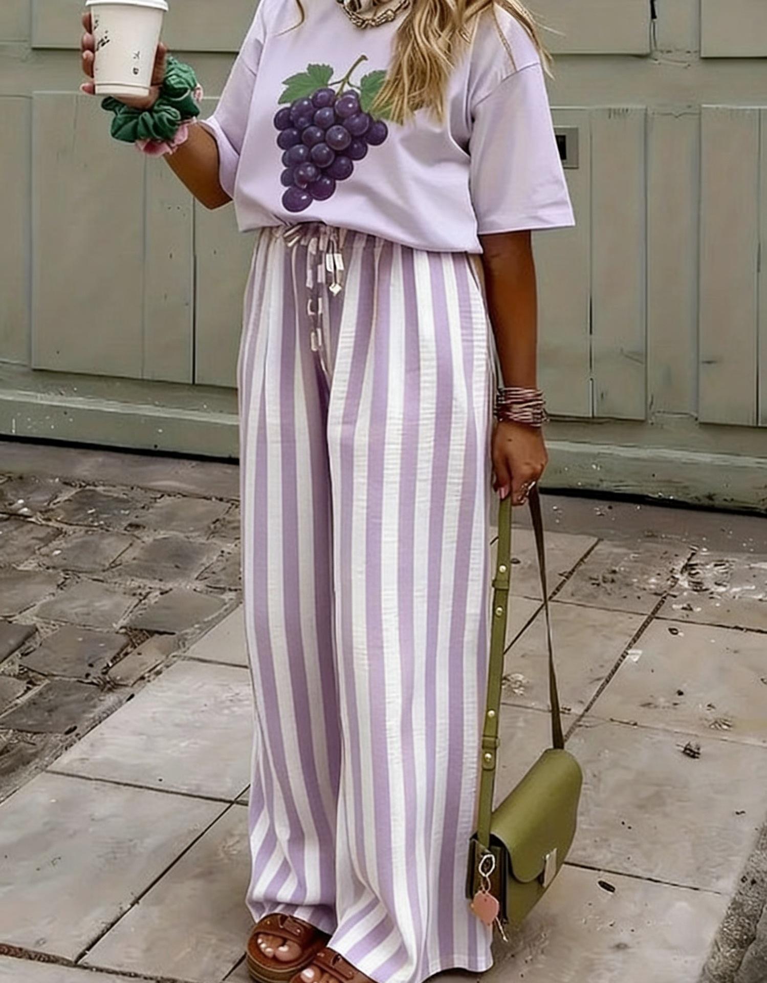 Women's Loose Casual Contrast Striped Printed Straight Trousers