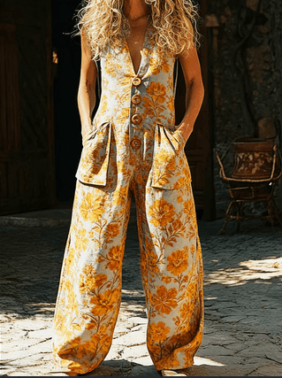 Vintage Floral Print Sleeveless Deep V Utility Wide-Leg Jumpsuit