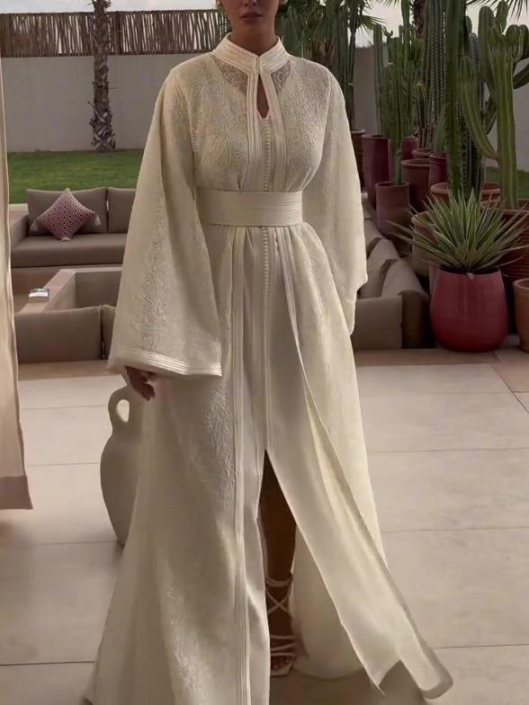Cream Embroidered Stand Collar Tie-Waist Slit Robe Dress