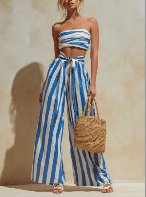 Bandeau Crop Top And High Waisted Wide Leg Pants Set For Beach Vacation
