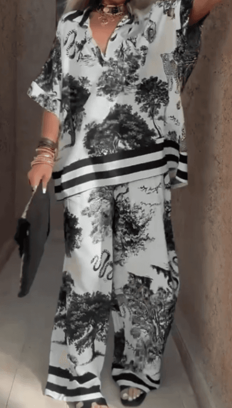 Tropical Resort Style Floral Print Loose Wide-leg Pants Suit For Women