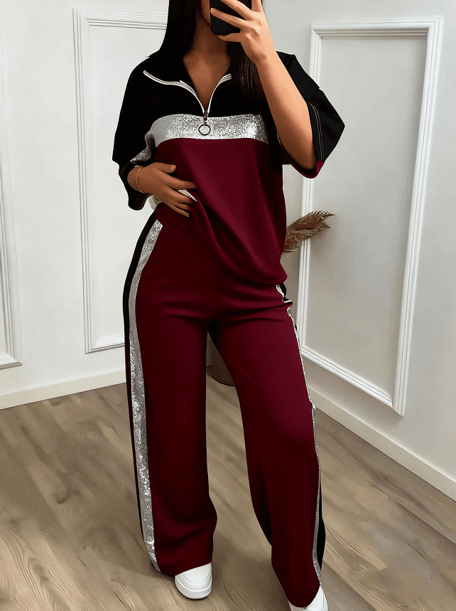Color-block Stand-collar Short-sleeve Wide-leg Pants Two-piece Set