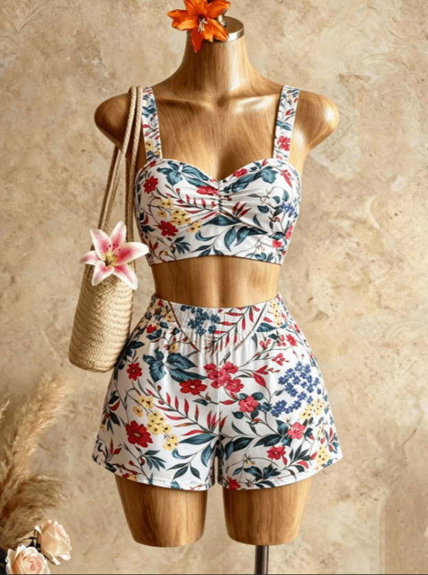 White Base Colorful Floral Print Square Neck Ruched Crop Top High Waist Shorts Two Piece Outfit Set