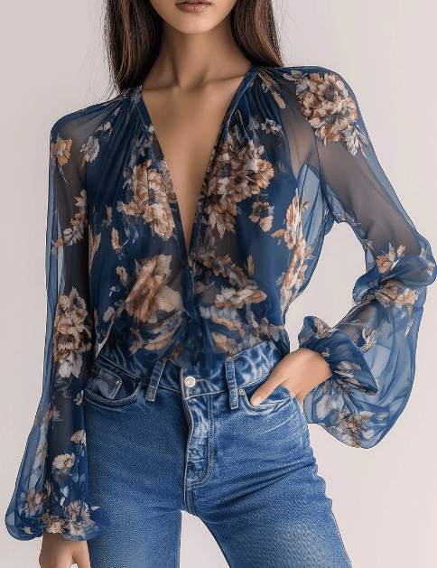 Casual Floral Print Deep V-neck Bell Sleeve Loose Long-sleeved Shirt
