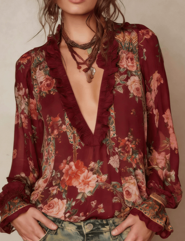 Women's Bohemian Retro V-neck Loose Long-sleeved Top