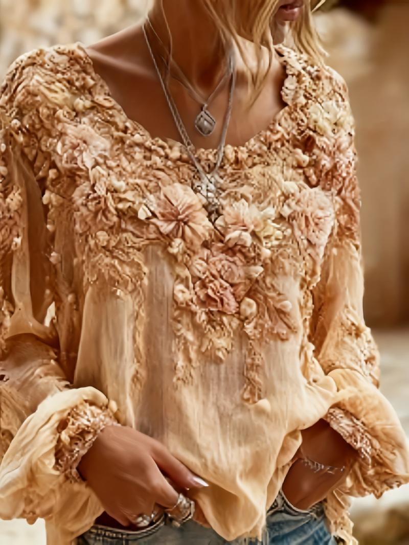 Women's Bohemian Style V-Neck Long Sleeve Shirt - Loose Printed Top