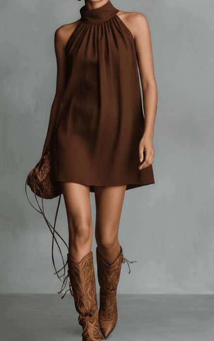 2026 New Hanging Neck High Neck Pleated Sleeveless A-line Short Dress