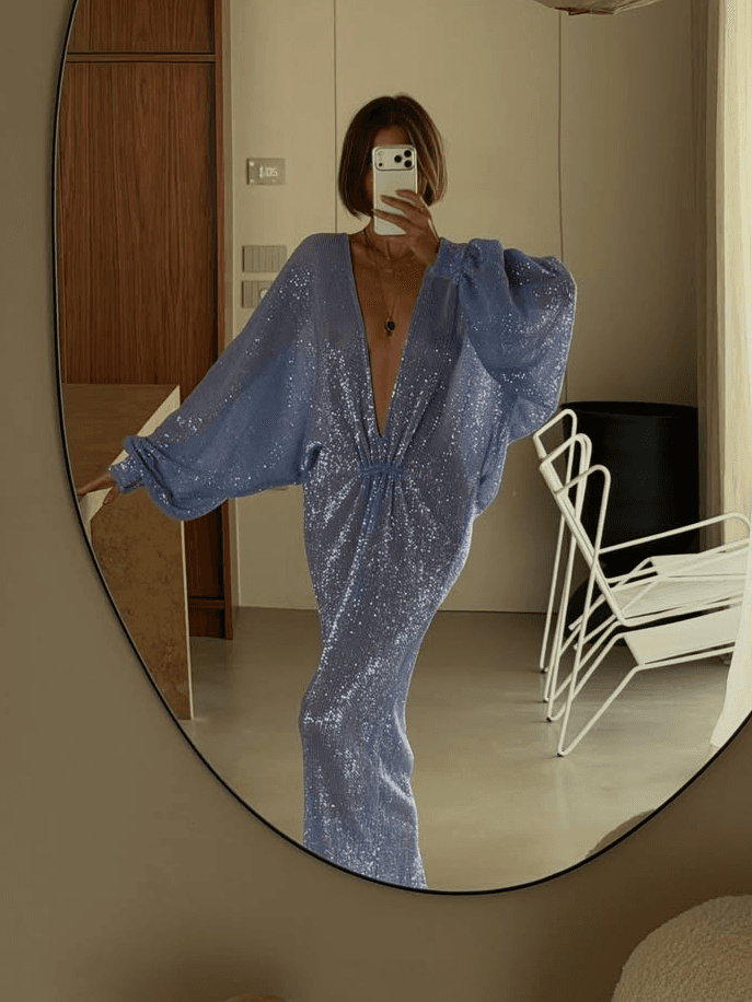 Ice Blue Sequin Deep V Lantern Sleeve Maxi Dress
