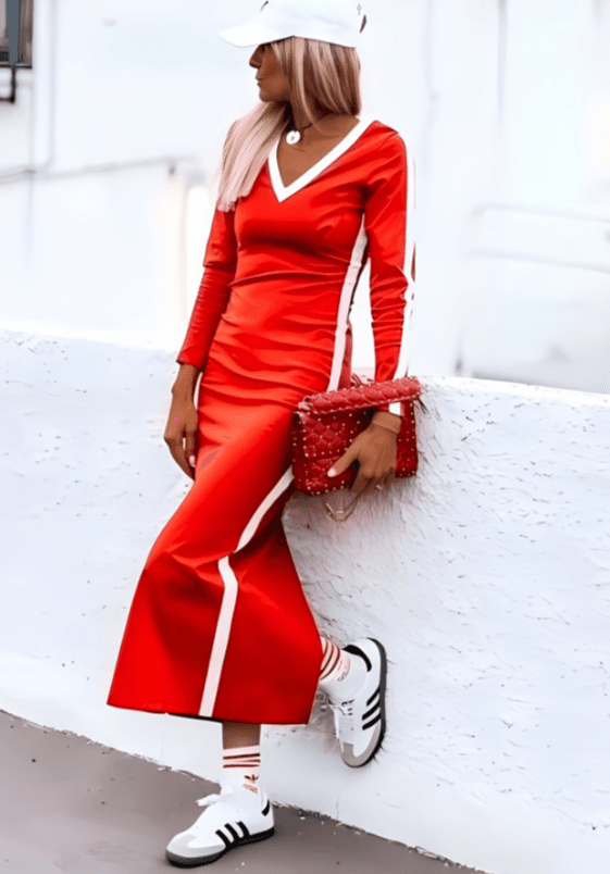Rhythmic, Color-contrasting, V-neck Sports Dress