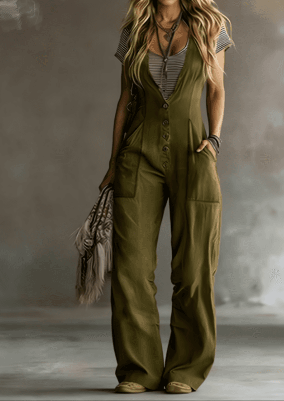 Vintage Single-breasted Strap Wide-leg Jumpsuit