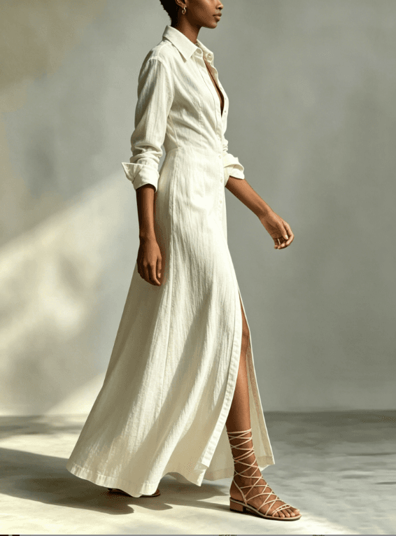 Rice White Texture Waist Cinched Slit Long Shirt Dress
