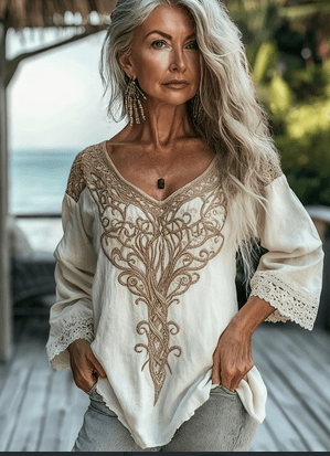 Ethnic-style Embroidered Fringe V-neck Cotton-linen Resort Top