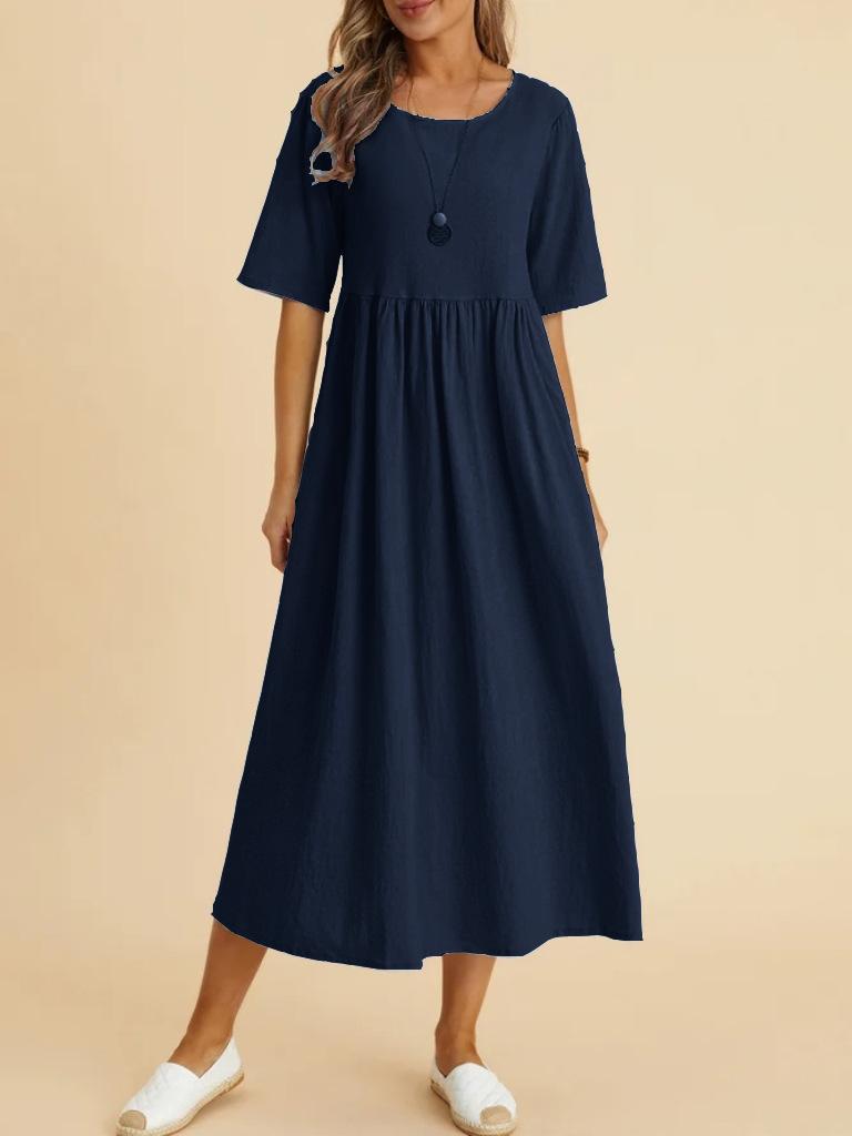 Plus Size Loose Cotton Linen Dress, Round Neck  Sleeve Midi Dress With Pockets
