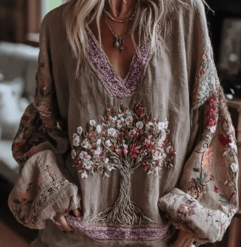 Elegant Retro Print Patchwork Long-sleeved Shirt