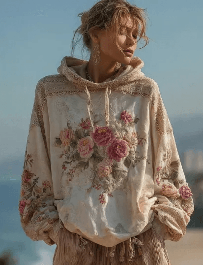 Vintage Hooded Jacket Versatile Lace-up Printed Sweatshirt