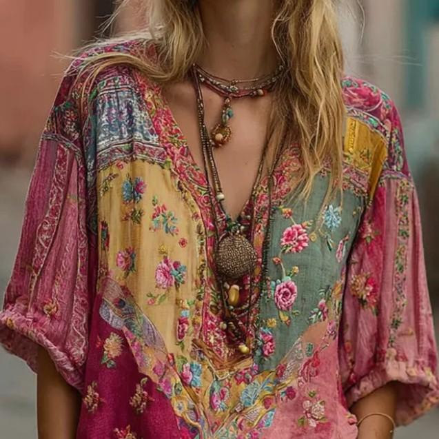 European And American Resort-Style Loose-Fit Printed Bohemian V-Neck Top Shirt
