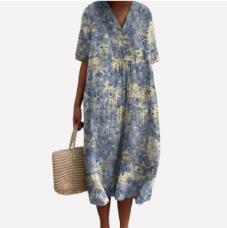 Cross-border Independent Station Amazon Shirt Dress Women's Casual Floral 3D Printed Sleeve Skirt