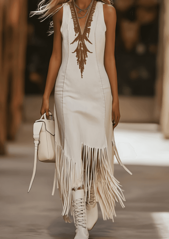 Casual V-neck Sleeveless Fitted Dress With Tassel Embellishments