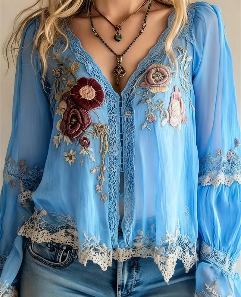 Floral Embroidered Lace Casual V-neck Long-sleeved Top
