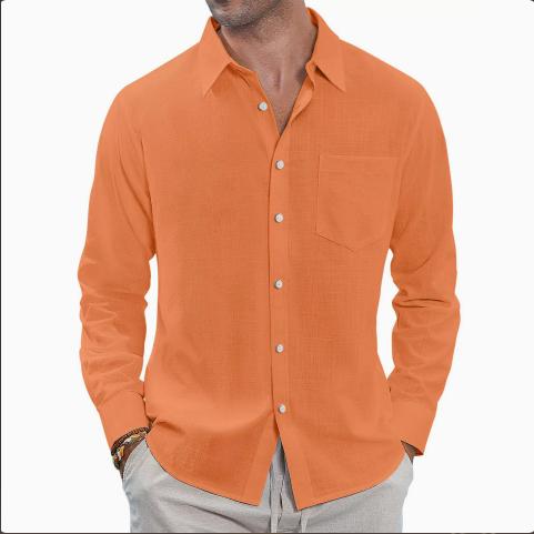 Thin Lapel-collar Linen Long-sleeve Shirt With Pockets