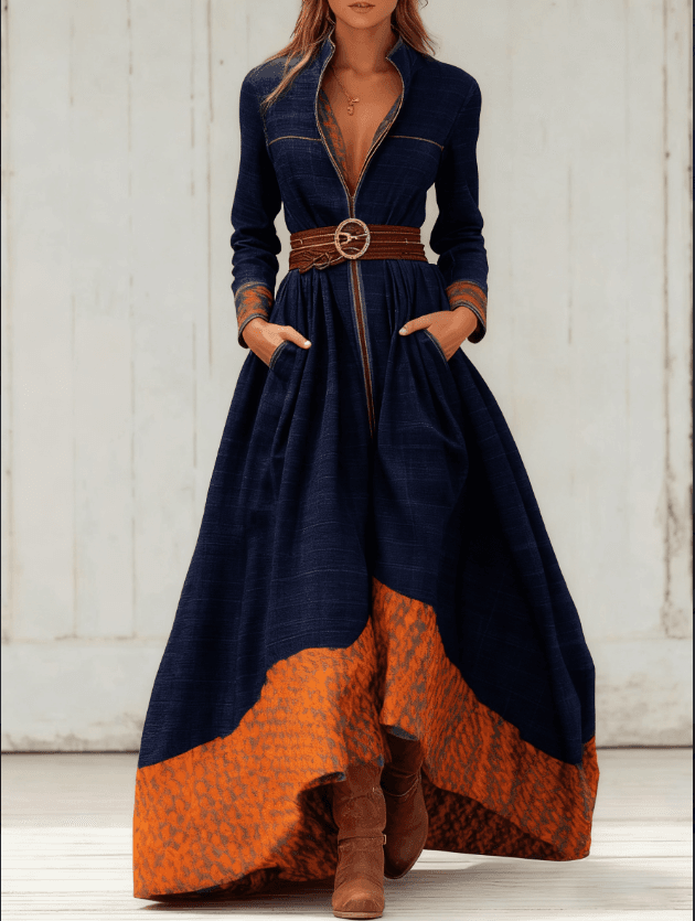 Casual Retro Color-blocked Waist-cinching Long Dress