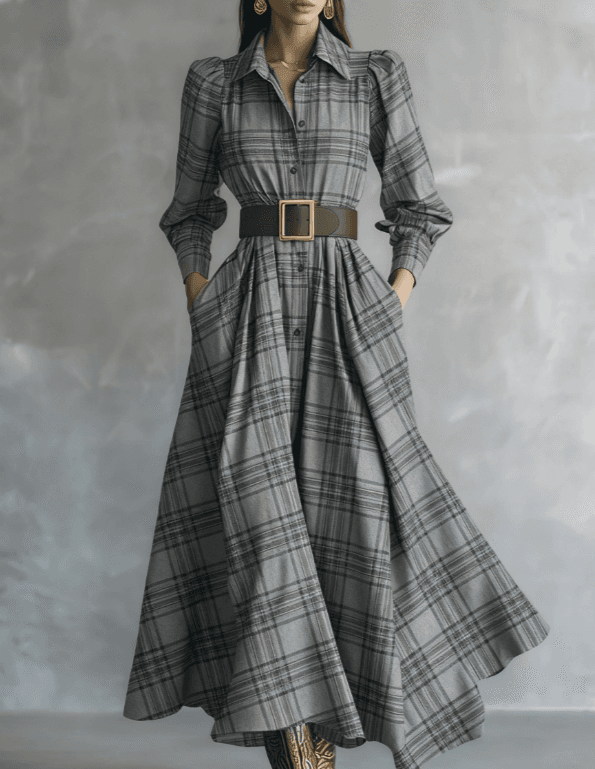 Plaid Shirt Collar Fitted Waist Casual Long Sleeve Dress