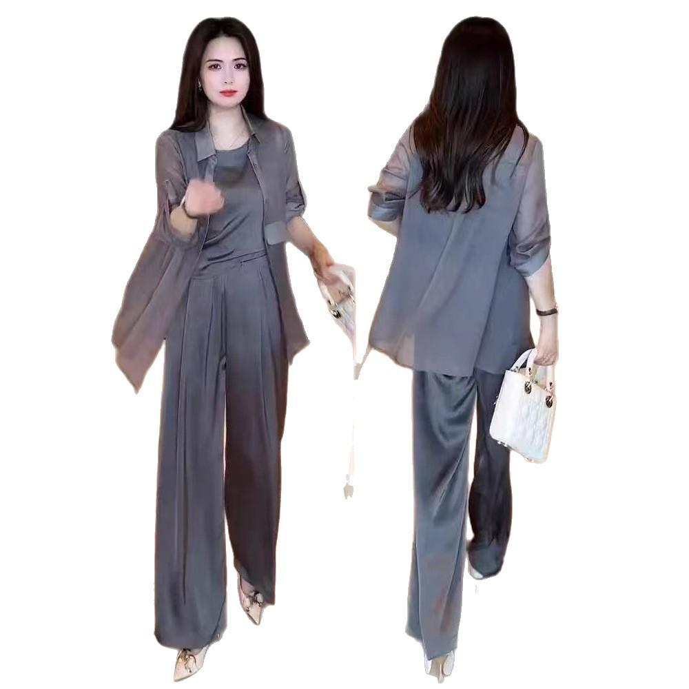Fashion Women Sun Protection Shirt Wide Leg Pants Casual Three-piece Suit