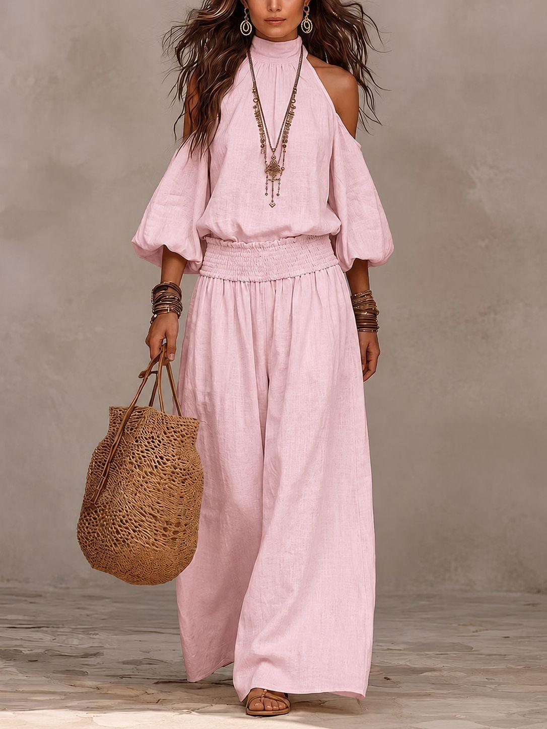 Womens Fashionable Casual Round-Neck Loose-Fit Long-Sleeve Hollow-Out Top And Pleated Pants Set