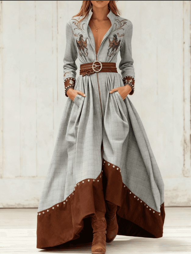 Casual Retro Color-blocked Waist-cinching Long Dress