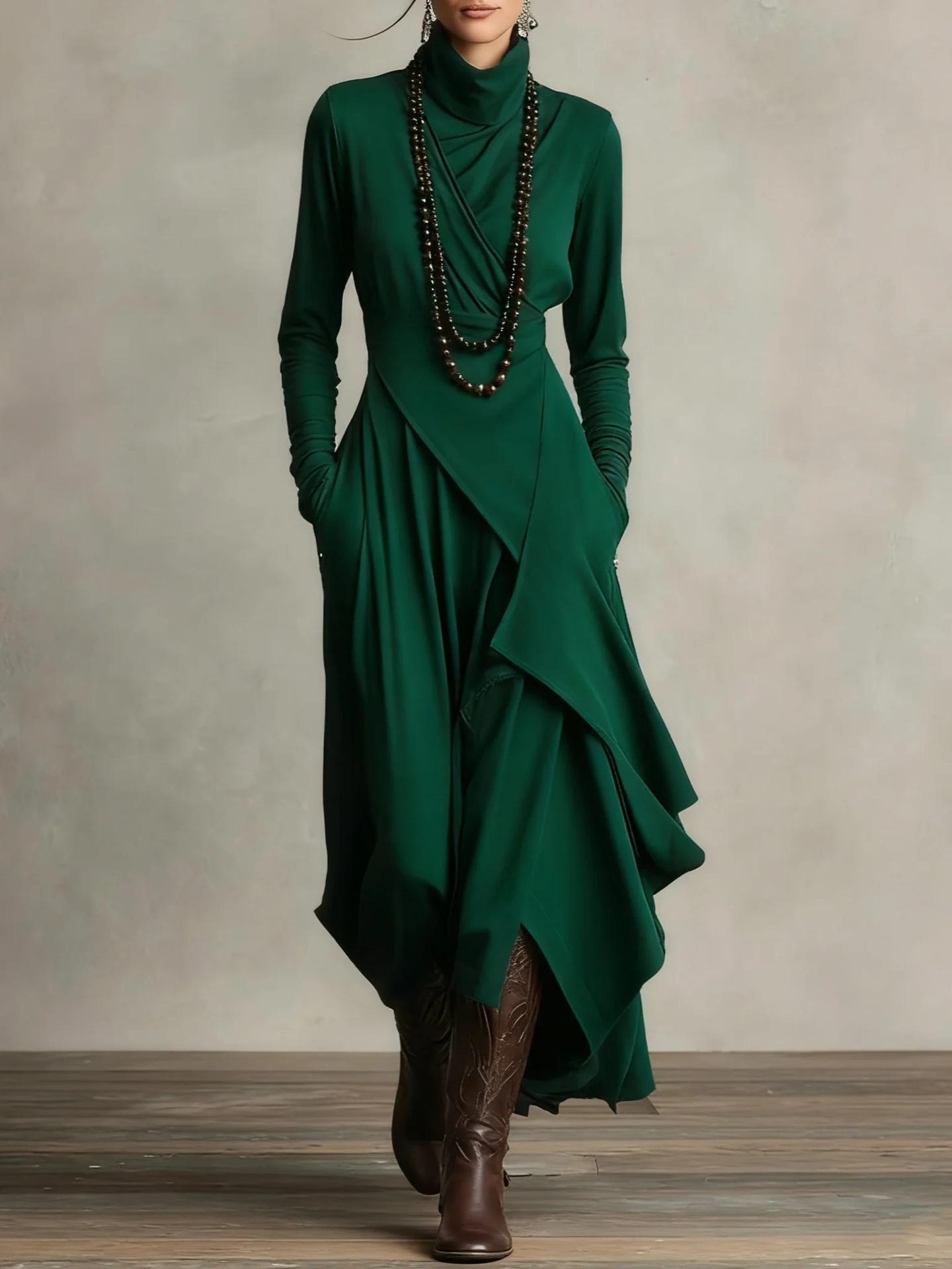 Women's Solid Color Cross Sleeve High Neck Dress Elegant Long Sleeve Bodycon Party Evening Gown Casual Daily Wear Clothing