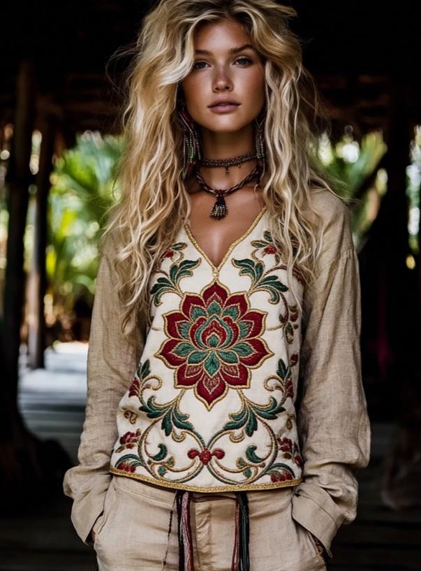 Ethnic Style V-neck Loose-fitting Long-sleeved Casual Pullover Top For Women