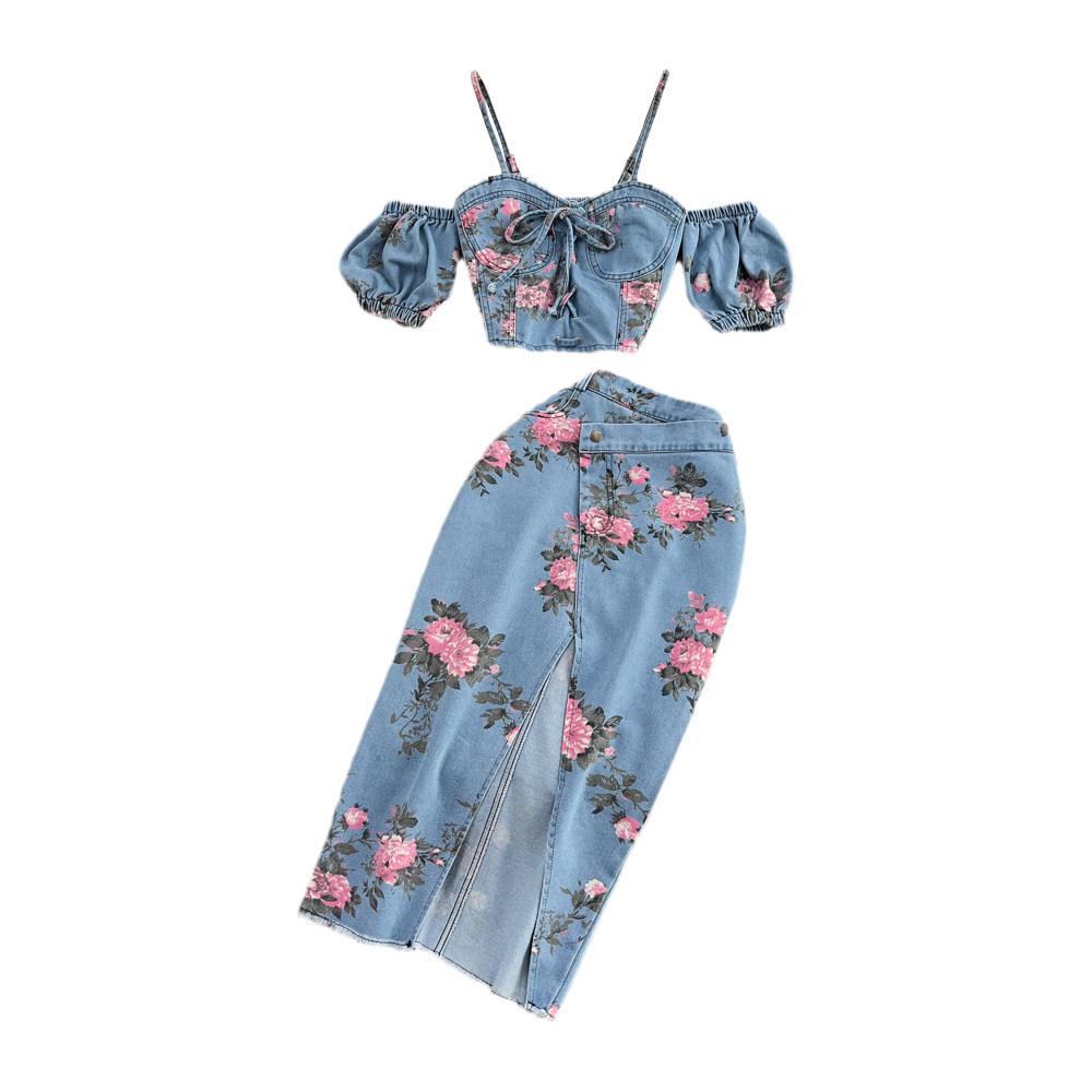 Denim Suspender Top Two-Piece Set High-Waist Asymmetrical Slit Skirt