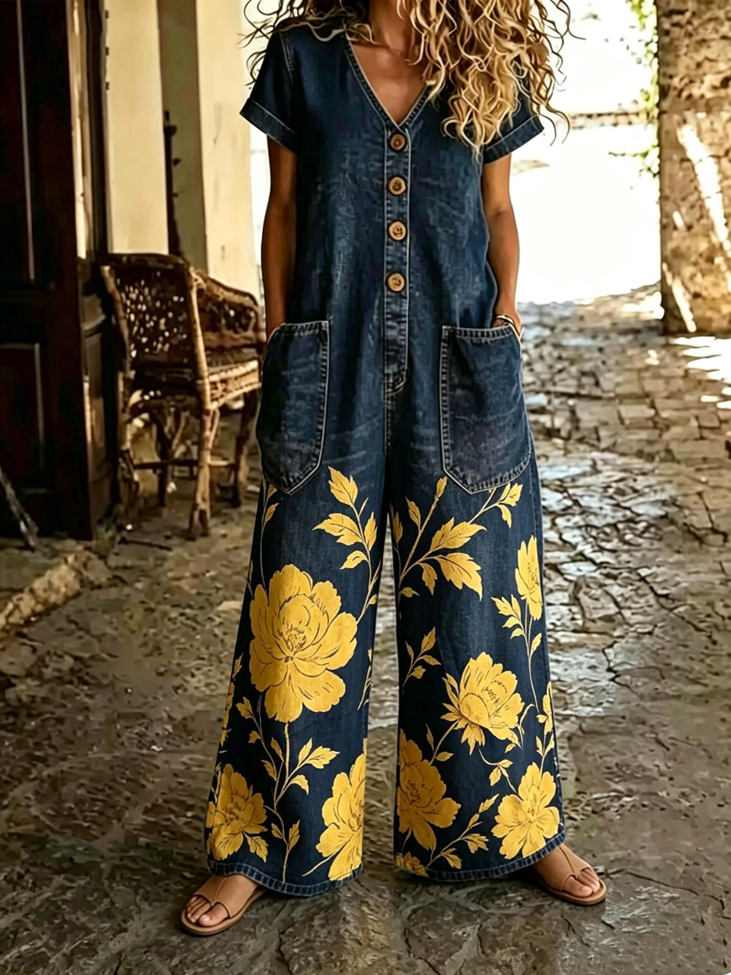 Buttoned Pockets Comfortable Short Sleeves Casual One-piece Wide-leg Jumpsuit