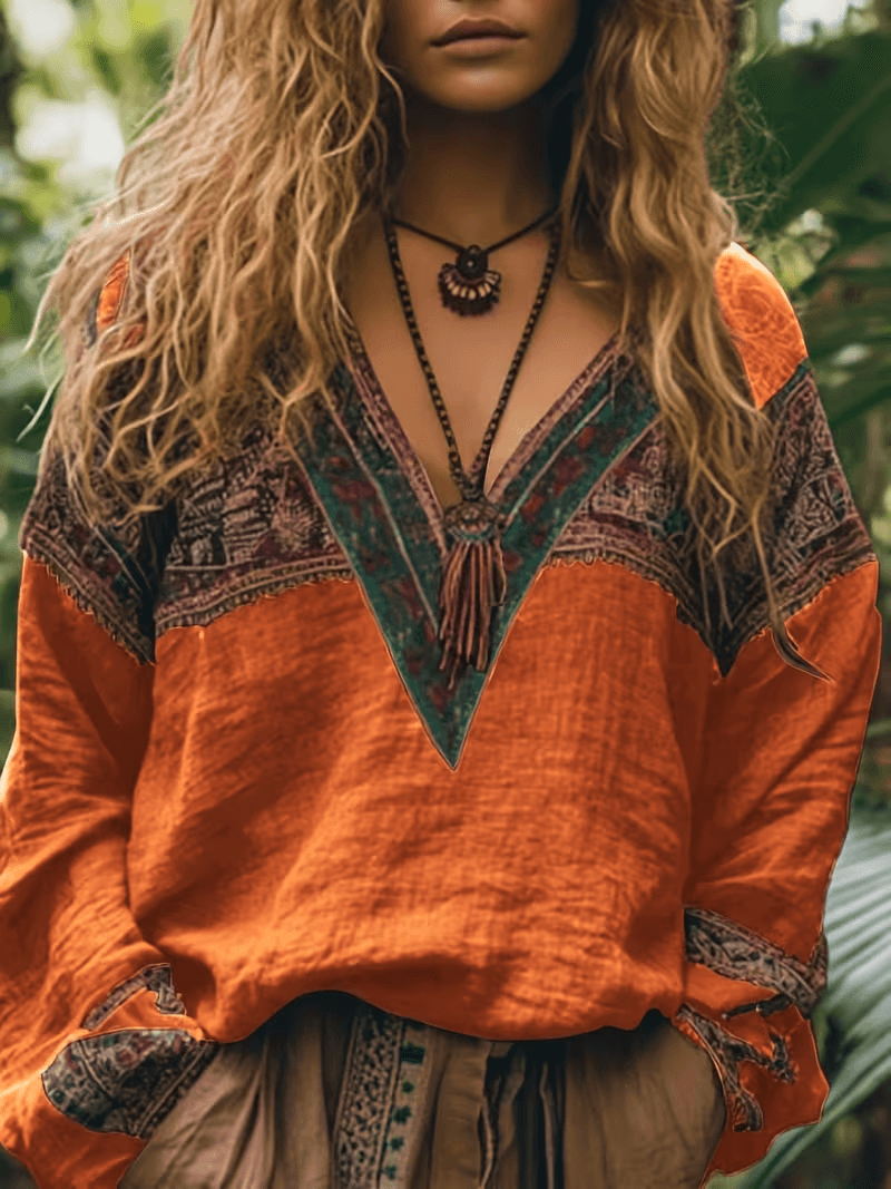 Ethnic Style V-neck Printed Loose-fitting Women's Long-sleeved Casual Top