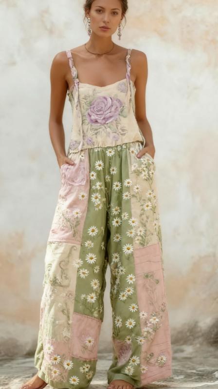 Bohemian Style Rose Embroidered Floral Patchwork Jumpsuit