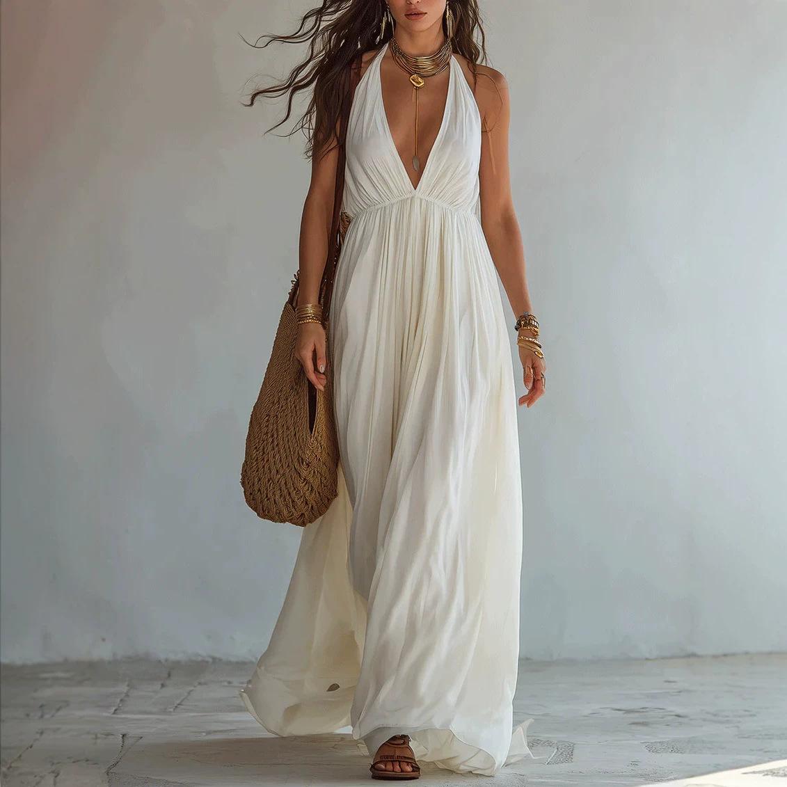 Deep V-neck Halter Backless Dress For Women