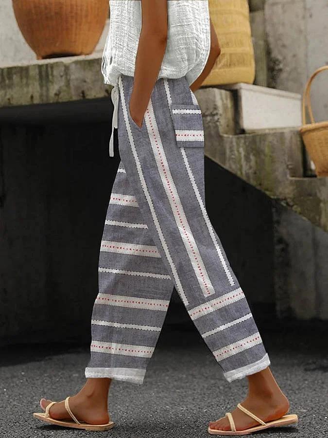 Drawstring Pocket Striped Print Casual Pants