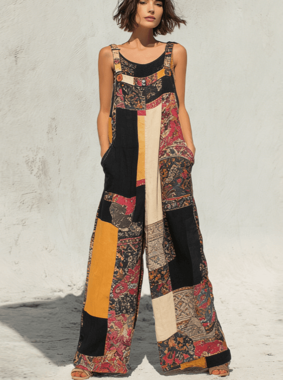 Bohemian Style Patchwork Print Loose Wide-leg Overalls For Women