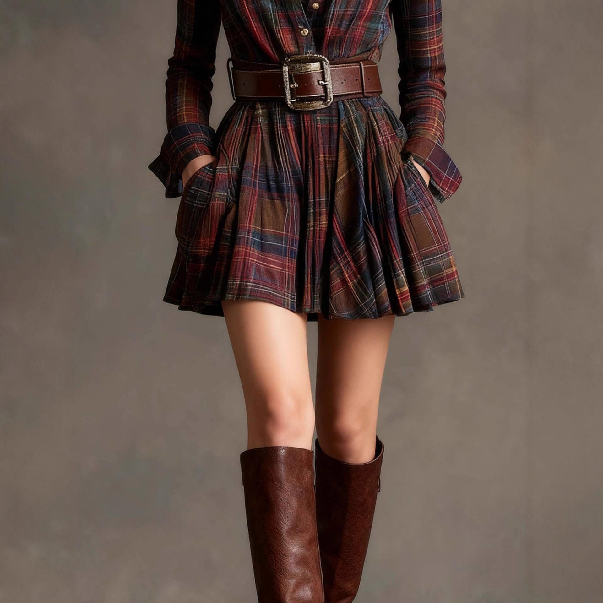 European And American Elegant Plaid Long Sleeve Short Dress Belt