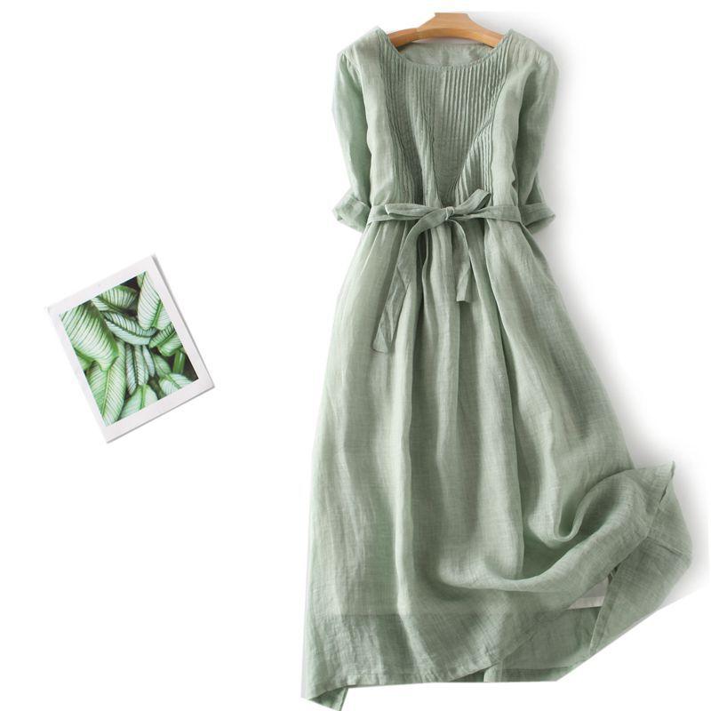 Women's 2026 Summer Retro Cotton Linen Dress, Loose Tie Waist Solid Casual  Sleeve Round Neck A-Line Dress