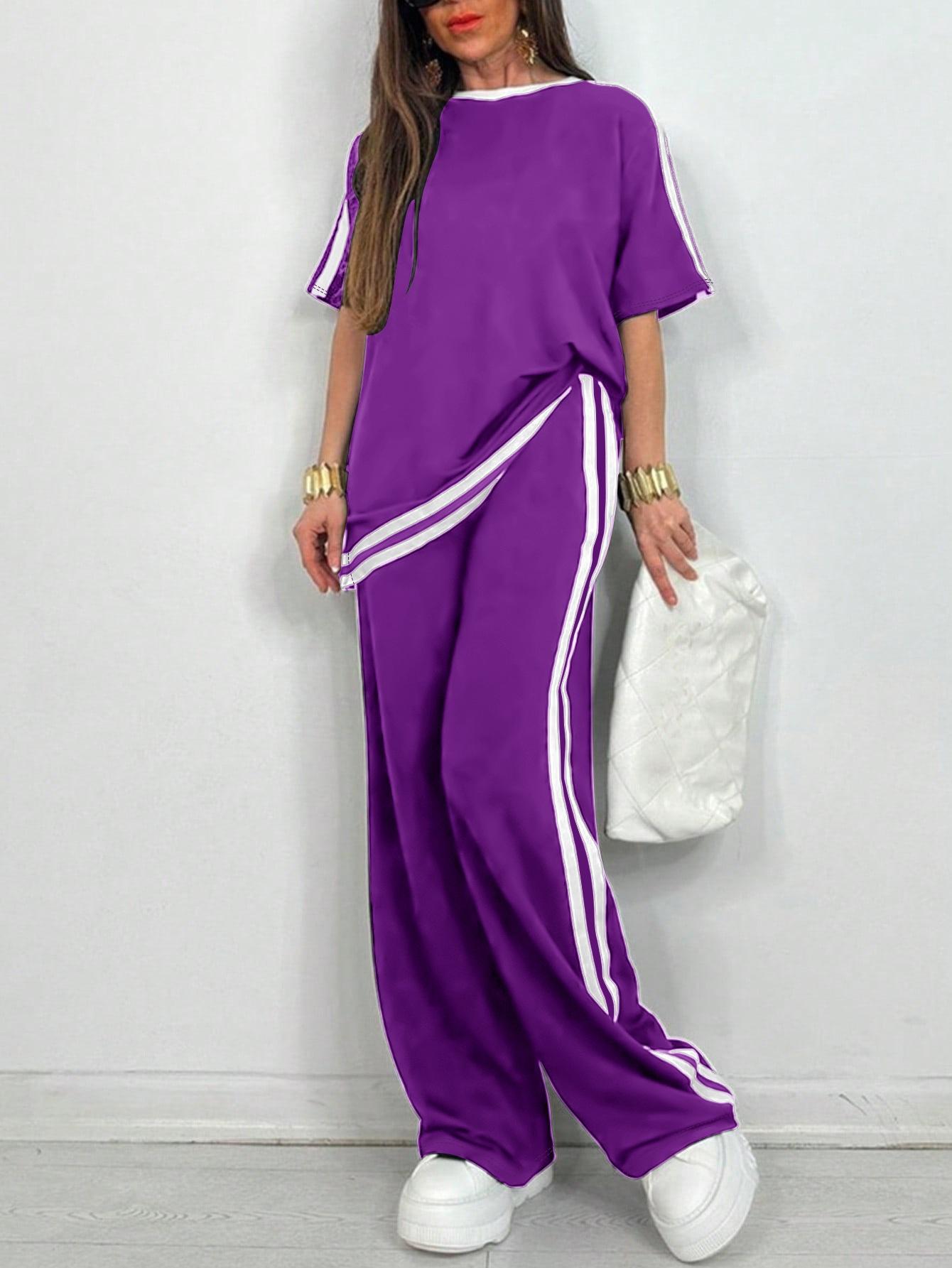Fashionable Casual Striped Pants And Short-Sleeve Crew-Neck Set