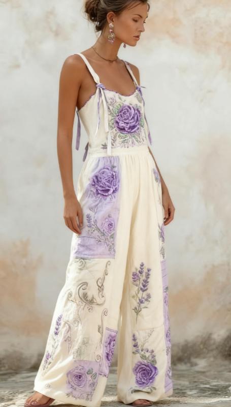 Bohemian Style Rose Embroidered Floral Patchwork Jumpsuit