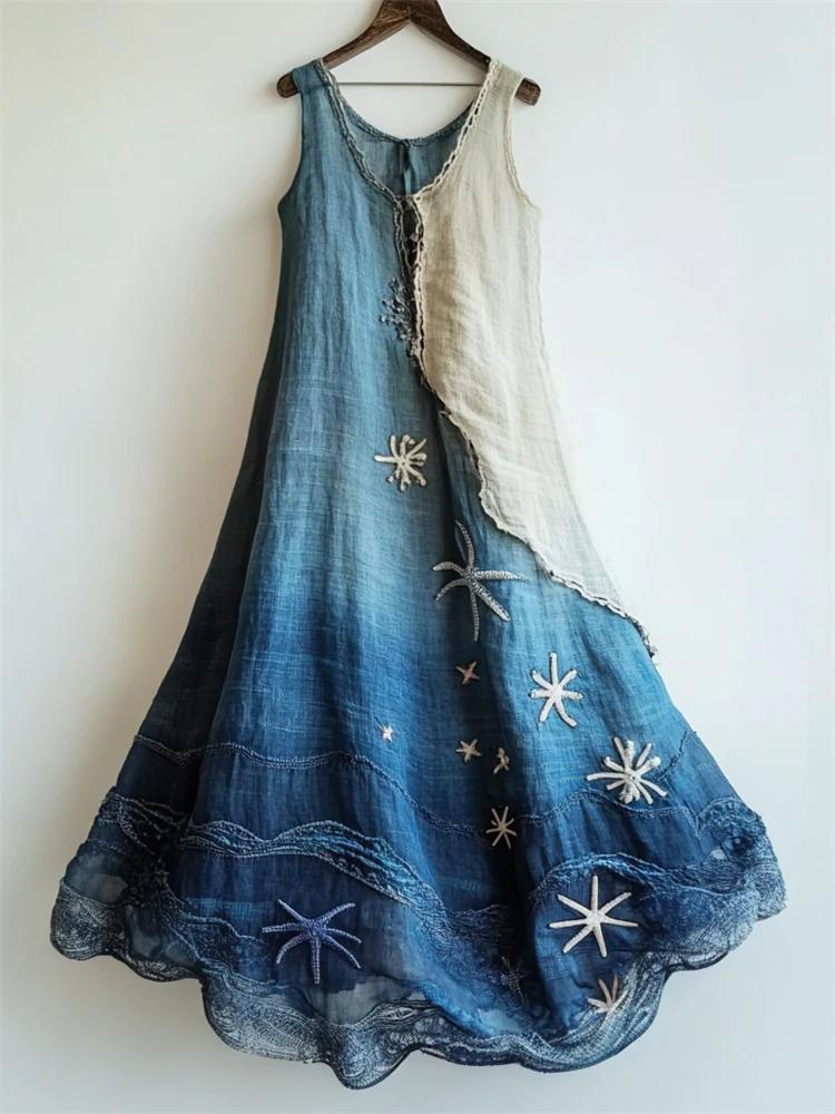 Women's Vintage Oil Painting Floral Art Contrast Color Linen Sleeveless Dress
