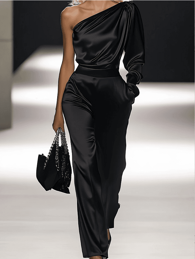 One-shoulder Satin Asymmetric Long-sleeve Jumpsuit
