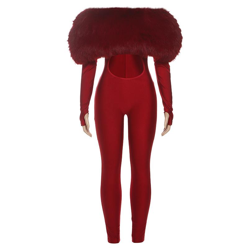 New Women's Off-shoulder Furry Stitching Sexy Midriff-baring Long Sleeve Jumpsuit